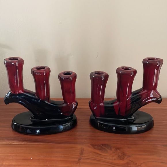 VINTAGE Danesi Arts ceramic drip glaze MCM candlesticks candelabra set of two - Picture 5 of 12